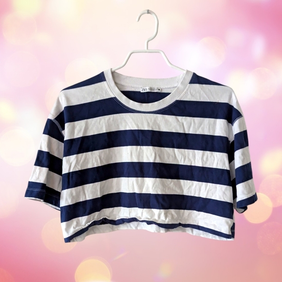 ZARA | Navy And White Striped Cropped Boxy Fit Cotton Tee Size M - Picture 5 of 8